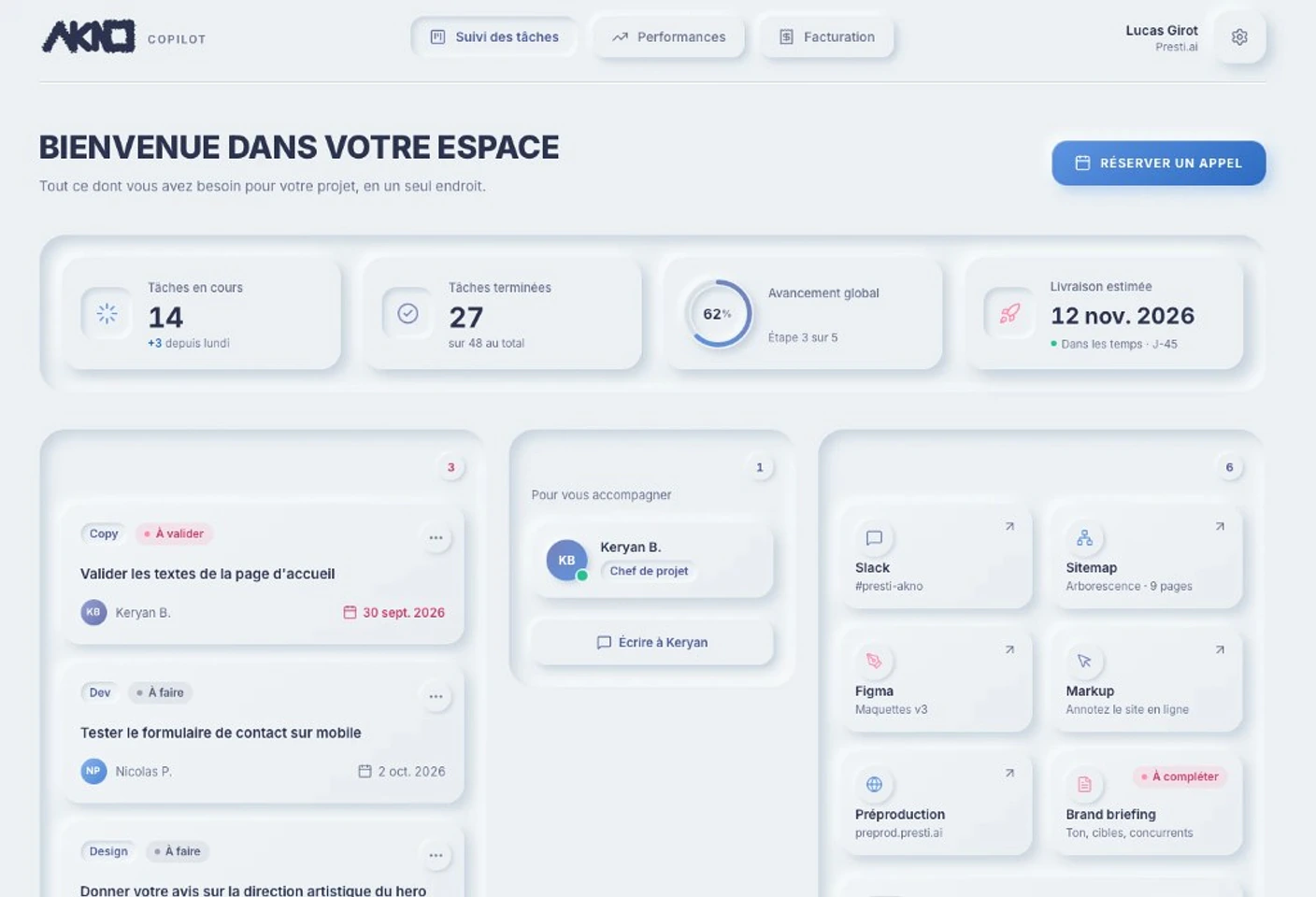 Tableau de bord AKNO Copilot : tâches en cours, avancement global à 62 %, livraison estimée le 12 novembre 2026 (données d'exemple)