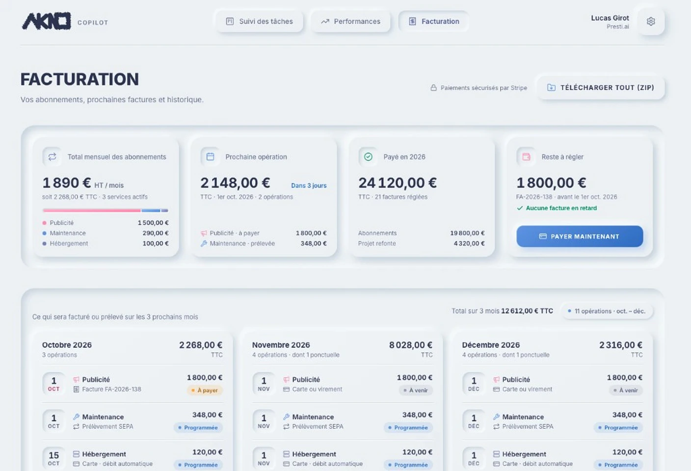 Page Facturation AKNO Copilot : abonnements, prochaine opération de 2 148 euros le 1er octobre, aucune facture en retard (données d'exemple)
